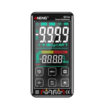 ANENG 621A Интелигентен Цифров Мултицет със сензорен екран, 9999 Точки, Автоматичен Обхват, Акумулаторна батерия Универсален Измерител на NCV, Амперметър (черен)