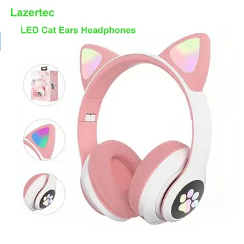 Lazertec LED Rainbow Light Слушалки с Кошачьими Уши Безжична Bluetooth слушалка С микрофон, Стереомузыкальный слушалка, Подарък за Коте