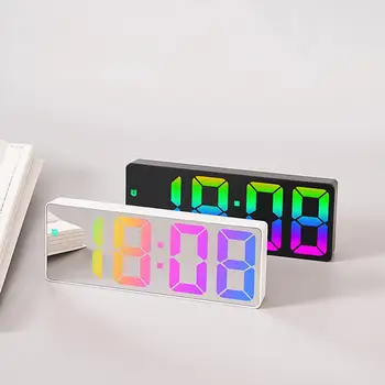 Led огледално цифров с будилник 12/24 часа с регулируема яркост, цветни настолни часовници с голям екран, за украса на работния плот в спалнята