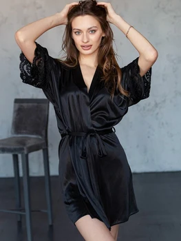 Linad/ Черни халати за жени, Свободни пижама с къс ръкав и V-образно деколте, Завързана дреха в стил мозайка, Дамски ежедневни лятна нощно облекло
