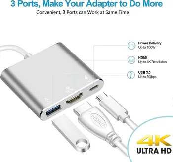 USB Адаптер C за HDMI, USB 3.0 Тип C за HDMI 4K Многопортовый AV-конвертор