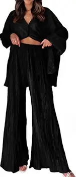 Дамски Комплекти от две части, Свободна и Секси Плиссированный многоцветен топ и панталон с дълги ръкави, есенно-пролетния моден случайни комплект 2023 г.