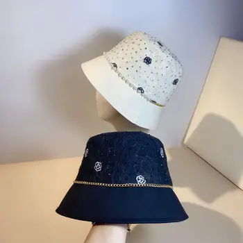 Дамски шапка-кофа, пролет и есен, 3D завързана цвете, верига с диаманти и перли, градинска шапка-кофа за пазаруване, слънцезащитен крем, дизайнерски шапка-кофа