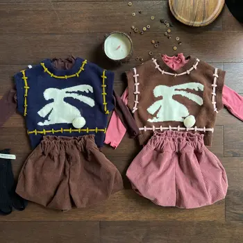 Детски дрехи; Детска жилетка; Новост есента 2023 Г.; Модерен сладък пуловер-жилетка в корейски стил за момчета и момичета с анимационни принтом