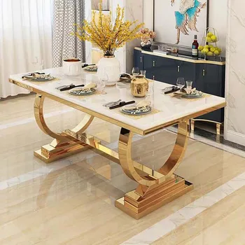 дълга правоъгълна маса от бял мрамор с околовръстен златна рамка от неръждаема стомана, маса за хранене за домашно приготвена храна
