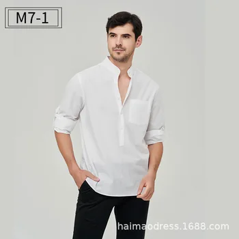 Есен нова мъжки ежедневни риза, однотонная риза Хенри, имитация на памук, Конопляная облицовка с дълъг ръкав, с лесен и модерен мъж