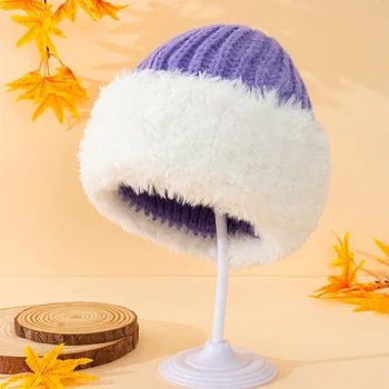 Есенно-зимни вязаная вълнена шапка, плюшени сгъстено топли шапки за момичета, луксозни улични ветроупорен ски ежедневни Рибарски шапки на едро
