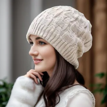 Есенно-зимни вязаная капачка за жени, модни защита на ушите, двупластова топла шапка на Луна, Сгъстено акрилни шапки, ветроупорен