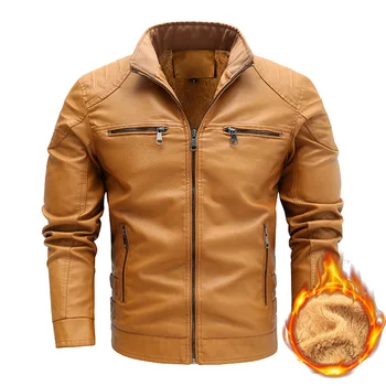 Есенно-зимни модни кожено яке с висока яка от плюш, негабаритная мъжко яке от изкуствена кожа, ветрозащитное мотоциклетное бизнес спортно палто