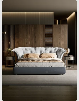Италианската минималистичная кожено легло в основната спалня е с Двойно легло, Мек горен слой от телешка кожа с катарама двойно легло висококачествена кожено легло