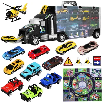 Камиони за деца iBaseToy, набор от играчки за детски камион, Малки превозни средства, Хеликоптери, Транспортен камион, набор от детски модели автомобили за подарък