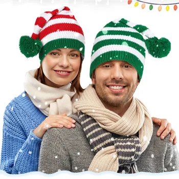 Коледна Вязаная Вълнена Шапка за възрастни, висококачествени Шапки в Червено-зелена ивица, Коледна шапка за възрастни, украса за дома партита