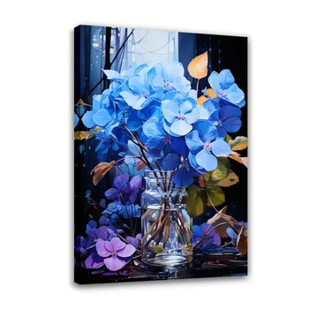 Красива маса във формата на дърво, синьо цвете, галерия, в рамката, платно картина, цветна ваза антични за декорация на дома