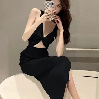 Модерен Секси Корейски Вязаный дреха без ръкави, Лятно дебнещ рокля с V-образно деколте и неравности, Дълго женствена рокля-калъф с намаляване на 29094