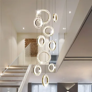 Модерна кристален полилей за стълби, дълги хол вили, подвесное пръстен, кристален led лампа, голям начало декор, луксозен лампа