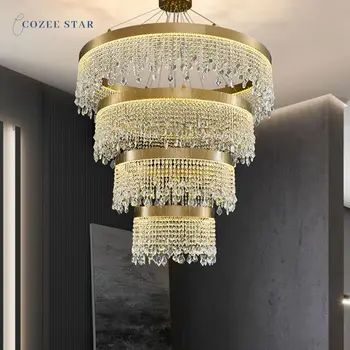 Модерни кристални полилеи, Луксозни Кръгли led висящи лампи с пискюли и мъниста от злато за покривна хол, спалня, висящи осветителни тела