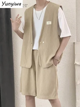 Мъжки костюм от три части, Жилетка цвят Каки + Риза с къс ръкав + Шорти цвят Каки, Студен Скъп Костюм Унисекс, Корейски Стръмен Набор за възрастни