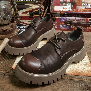 Мъжки реколта официалната обувки от естествена кожа, Луксозна марка, високо качество на ръчно изработени обувки на дебела подметка, Есен Нова Ежедневни бизнес обувки на платформа, мъже