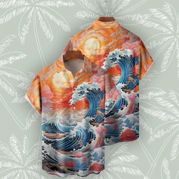 Мъжки Ризи, Летни Плажни Модни Блузи с къс Ръкав, Благородна Хавайска Риза с 3D Принтом Океан за Мъже 2023, Извънгабаритни Тениски