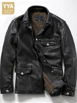 Мъжко яке от 100% естествена телешка кожа, Однобортное приталенное мотоциклетное късо палто в стил пънк, Пролет-есен, Реколта мъжки връхни дрехи