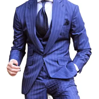 Направен по поръчка на мъжки костюми, 3 бр., сако, панталон, приталенная дрехи бизнес в синята ивица, смокинги на младоженеца за официалната сватба, яке, панталони, жилетка