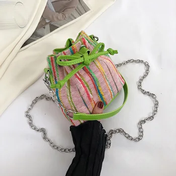 Нови модни многоцветни райета персонализирани чанти през рамо с веригата за жени, Новият тренд, дамски универсална чанта-кофа за през рамо