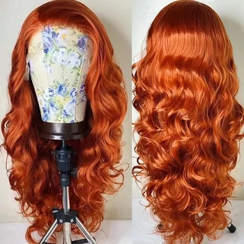 Предварително выщипанные Червеникаво-оранжеви Свободни Вълнообразни синтетични перуки на дантели отпред за жени, огнеупорни перука за cosplay от естествена коса за ежедневна употреба