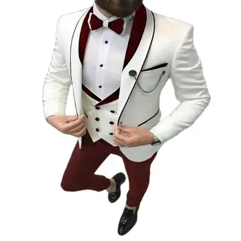 Пълни Мъжки костюми, модни Официални бизнес приталенные, комплект от 3 теми, бели блейзери, бордо панталони за официален смокинг, сватбен сако, панталони