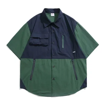 Ретро синьо-зелени ризи контрастни цветове с множество джобове, мъжки Ризи свободно функционален стил, мъжки блузи