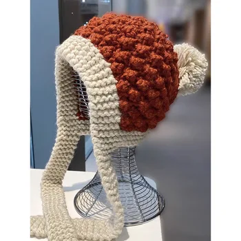 Ръчно плетени Шапка от груба вълна, детска есенно-зимната реколта шапка в тон, вязаная шапка с завязками за всеки ден