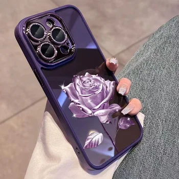 Сверкающая роза е Подходящ за iPhone 14Pro Max 11 12 13Plus Калъф за телефон с блестяща пудра, защитно фолио за обектива, калъф от надраскване
