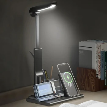 Светодиодна Настолна Лампа За Защита на Очите от 15 Вата QI Wireless Charging Сгъваема Настолна Лампа с Докосване, Без да Blu-ray Лампа За Четене с Притежателя на Химикалки