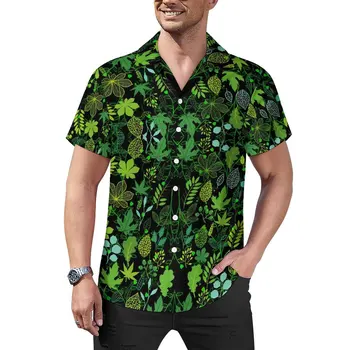 Свободна риза с растително принтом, мъжки ежедневни ризи със зелени листа, Хавайски графика, Къс ръкав, Модни блузи Оверсайз