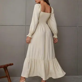Секси Бяла Елегантна рокля с квадратна яка и пищни ръкави, Обикновена Сватбени рокли Трапецовидна форма, Свободно ежедневното Рокля за жените, Лято 2023