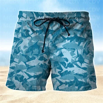 Сини камуфляжные мъжки плажни шорти Ocean Shark, Плувни шорти Shark в мъжките бански костюми, Плавательная мъжки борда на Shark