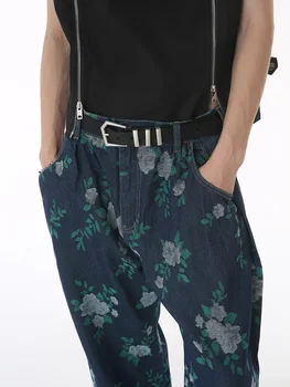 Мъжки модни дизайнерски дънки, ежедневните дънки в стил Харадзюку, ретро Памук, Свободни модни панталони с флорални принтом, дънкови